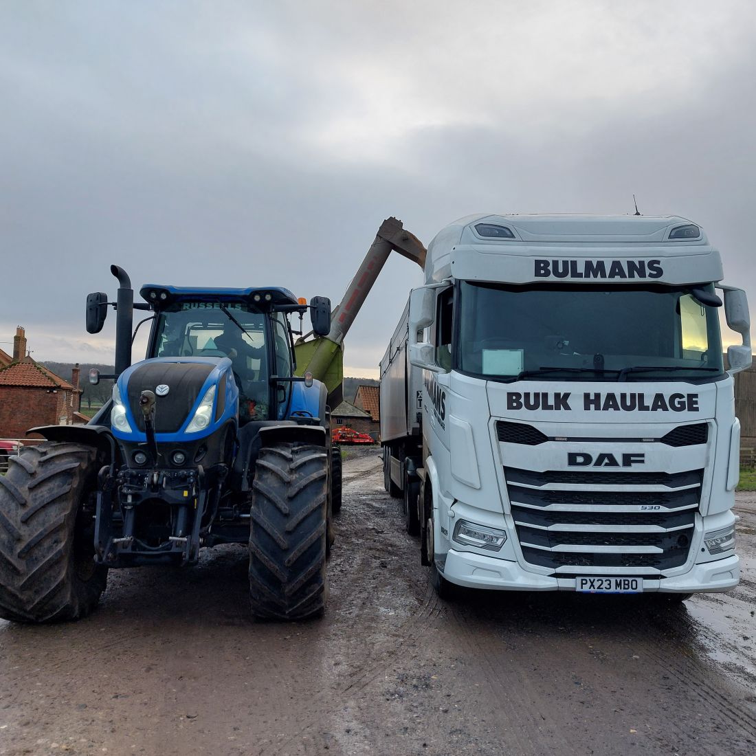 A Bulmans Bulk Haulage DAF truck is being loaded by a blue tractor on a farm.
