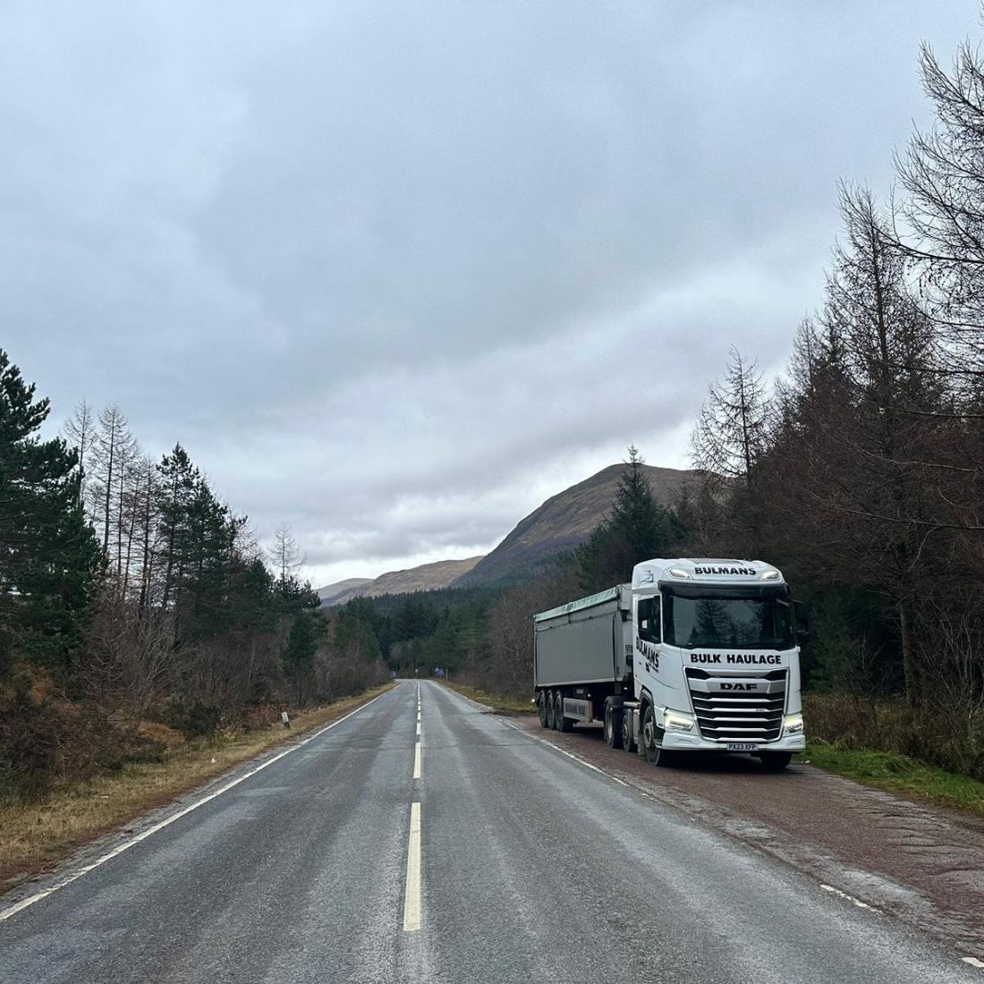 A Bulmans Bulk DAF Truck parked on the side of the road, in a lay-by in the English Lake District, surrounded by trees.